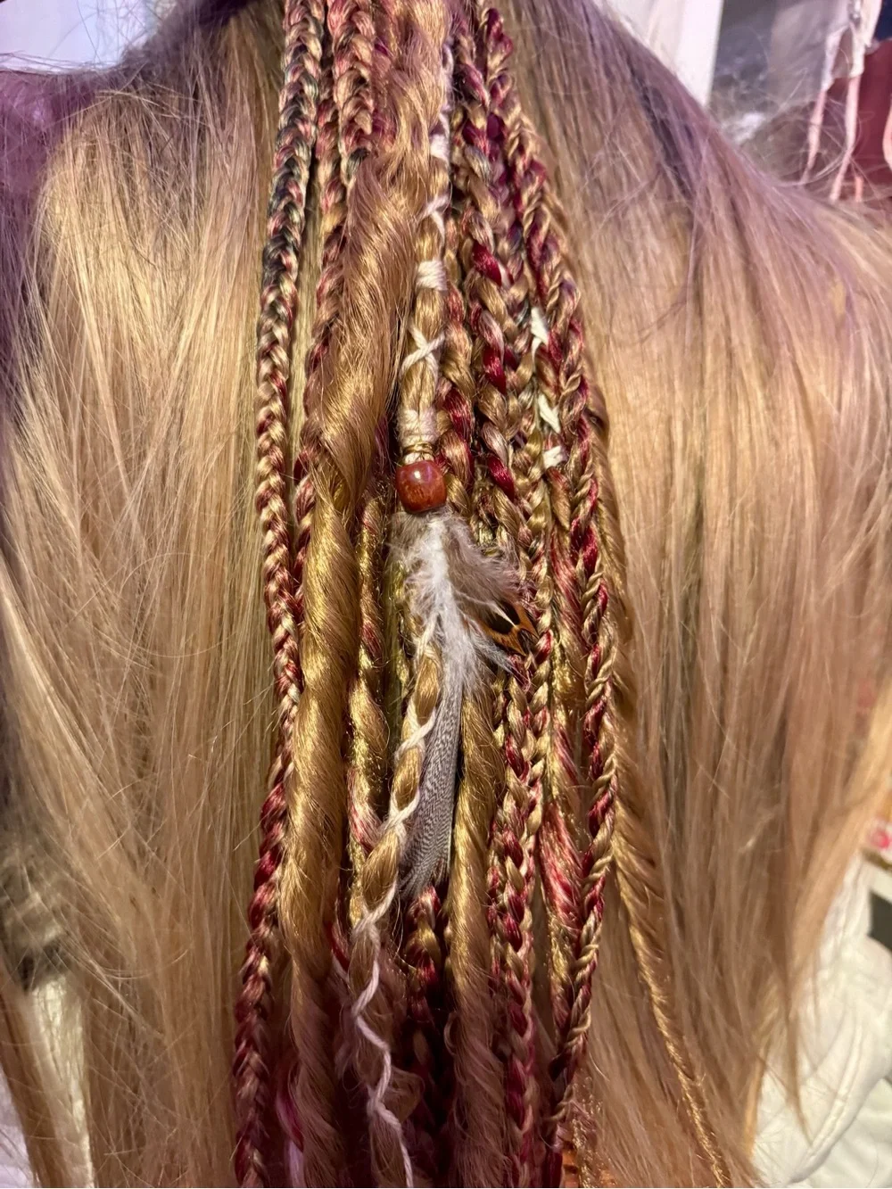 Hand-Braided Hair Extensions with Feathers and Beads - Brown & Burgundy